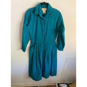Vintage‎ Alain Toussaint Teal Corduroy Button Front Midi Dress Pockets Size 8P